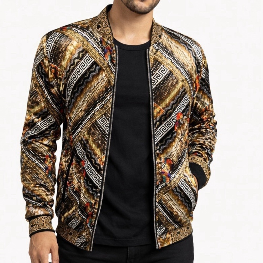 SUSLO COUTURE Bomber Jacket Size S Velveteen Baroque Gold Greek Key Multicolor